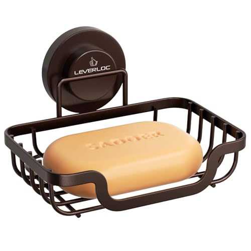 LEVERLOC Soap Dish, Soap Bar Holder for Shower Suction Cup Wall Mounted, Stainless Steel No-Drilling Removable Waterproof Sponge Holder for Bathroom Bathtub Kitchen Sink, Keep Dry, Brown