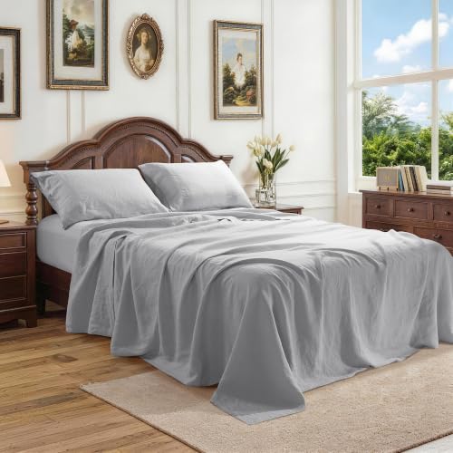 "REDASW 100% France Linen Sheet Full Bed Set Luxury 4 pcs Deep Pocket Sheets Up to 16"" Bedding Sheet All Season (Gray, Full)"