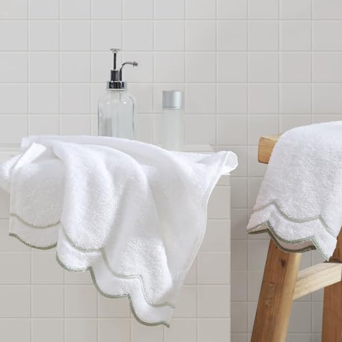 "Peri Home 100% Cotton Hand Towel for Bathroom, Embroidered, Soft & Absorbent, 500 GSM, 1 Piece, 16"" x 27"", White with Sage Scallop"