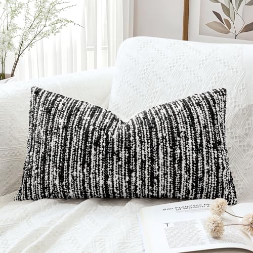 Artscope Lumbar Throw Pillow Cover 12x20 Super Thick Body Pillow Cover Decorative Boucle Textured Morden Neutral Accent Italian Style Pillowcase for Bedroom Living Room Couch Sofa Home D??cor-Black