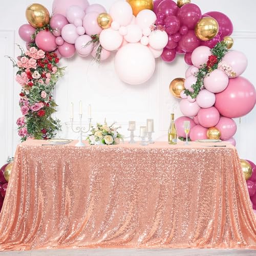 FYLEDAEE Rose Gold Sequin Tablecloth 90X132 inch Rectangle Glitter Shiny Table Cover for Wedding Birthday Christmas Baby Shower Holiday Party Dinners Food Dessert Cake Table Decoration