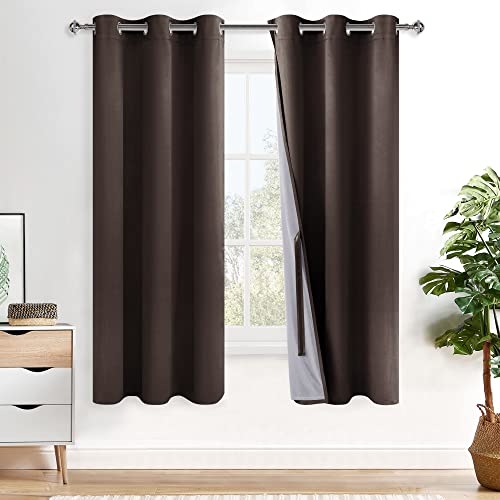 XWZO Complete Blackout Shades Window Curtain Panels with Tiebacks- Noise Reduction and Light Blocking Grommet Curtains with Black Liner for Studio, Basement Room, Brown, W42 x L72, Set of 2