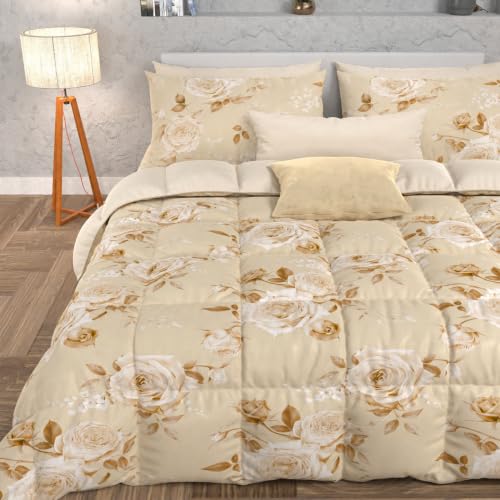 PETTI Artigiani Italiani -Winter Quilt, Winter Duvet, Square and Half Double Face Quilt, Solid Color and Digital Floral Print Beige, 100% Hypoallergenic Microfiber, Made in Italy