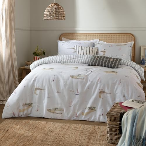 Wylder Abersoch Shore Duvet Cover Set – Reversible Coastal Sailboat Combed Cotton Bedding (Sky Blue - King)