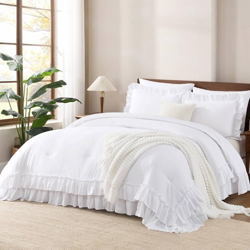 Andency White Ruffle Comforter Full Set, 3pcs Vintage Farmhouse Shabby Chic Bedding Comforter Set, Soft Lightweight Fluffy Bed Comforter Sets All Season Bedding Set