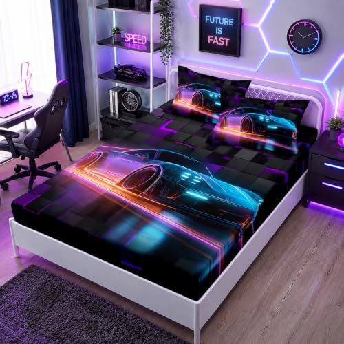 HOSIMA Boys Race Car Queen Bedding Sets,Lightweight Fitted Sheet,Geometric Background Pattern Cool Extreme Sports Bedding for Kids Men Car Room Decor,1 Fitted Sheet+2 Pillowcases.