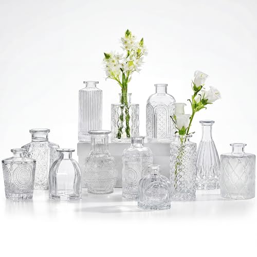 CUCUMI Glass Bud Vases Set of 12, Small Vases for Centerpieces, Vase for Flowers in Bulk for Rustic Wedding Home Table Decorations