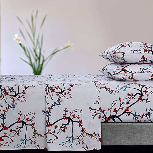 Tribeca Living Emilia Tree 170-GSM Flannel Extra Deep Pocket Sheet Set Queen Multicolor, (EMILIASHEQU), Red