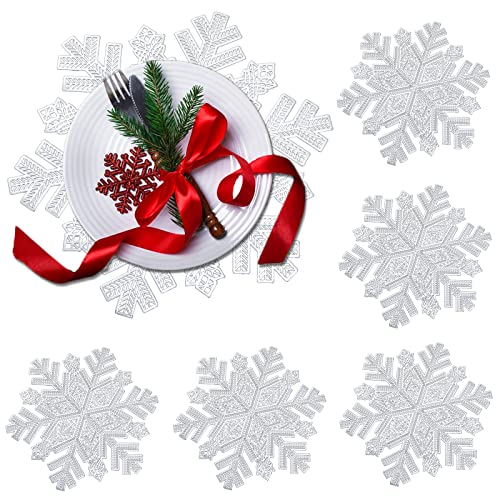 Snowflake Placemats Set of 6, Christmas Placemats Decorations Snowflake Tablemats Hollow Out Design Round Place Mats Dining Table Setting Kitchen (Snowflake-Silver)