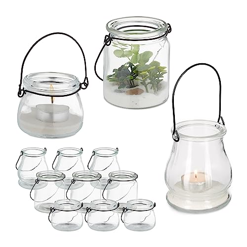 Relaxdays Candle Lanterns, Set of 12, Glass, with Black Handle, Tealight Holders, 3 Sizes, Indoors & Outdoors, Clear