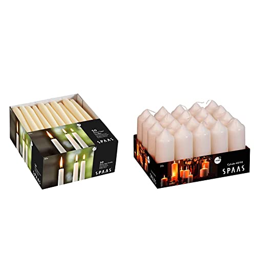 Spaas 50 Festilux Dinner Candles 23/250 mm, ?? 8 Hours, Beige & Tray of 20 Unscented Pillar Candles 40/110 mm, 13 Hours, Ivory