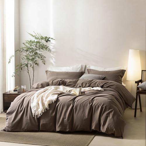 BDEAR Linen Feel Light Chocolate Brown Duvet Cover Alaskan King Size 132'' W x 120'' W, 100% Washed Cotton Duver Cover with Zipper Closure Plus 2 Pillowcases, Oeko TEX Standard 100 Certificated