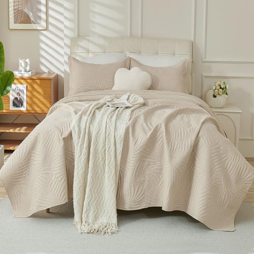 Cmfshape Beige Quilt Set Queen Size ??? Palm Leaf Lightweight Coverlet Bedding, Neutral Cream Quilt Queen Bedspread, Beige Quilt Set Queen & Full Size Option, Thin Quilt for Summer to Fall