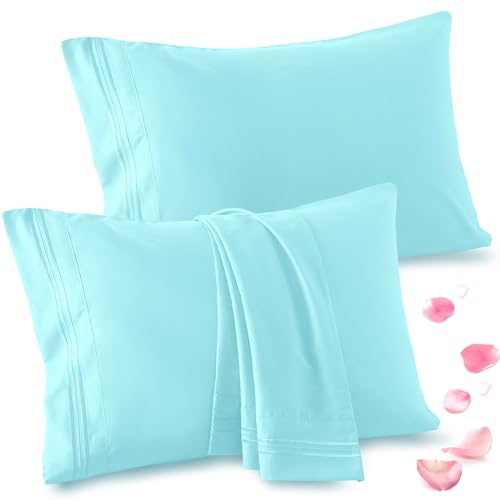 Vonty 2 Pack Aqua Blue King Pillowcases, 20x40, 1800 Microfiber - Envelope Closure No Hair Tangles, Embroidered Design, Breathable Moisture-Wicking, Gentle on Hair & Skin, Machine-Washable