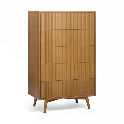 Teamson Home Tremolo 127 cm Tall Bedroom Dresser Chest of Drawers with 5 Push-Open Drawers, Fluted Wood Detailing and Acacia Veneer Finish for Vertical Storage, Natural