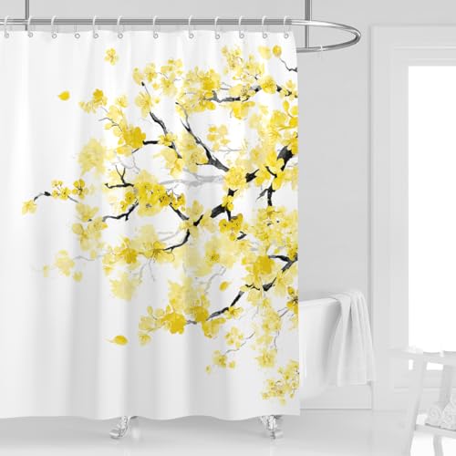 Kikiry Yellow Cherry Blossom Shower Curtain 60''W x 72''L Spring Floral Flowers Sakura Blooming Plum Japanese Asian Anime Cute Art White Style Polyester Fabric Waterproof 12 Pack Plastic Hooks