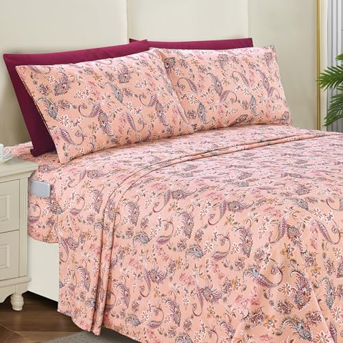 Elegant Comfort Softest and Coziest 6-Piece Sheet Set - 1500 Premium Hotel Quality Microfiber - Deep Pocket, Wrinkle Resistant 6-Piece Paisley Pattern Bed Sheet Set, Queen, Paisley Coral