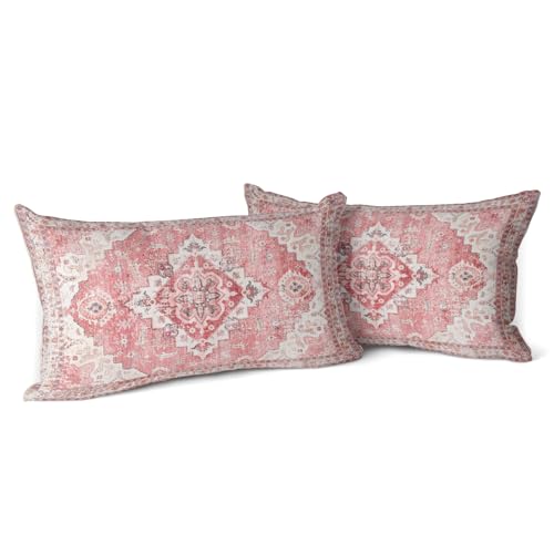 Snycler Pink Boho Throw Pillow Covers Set of 2 Monaco Rug Carpet Double Sided Pattern Cotton Soft Pillow Case Cushion Cover Pillowcase for Garden Couch Sofa Bed Decorative 12x20 inch