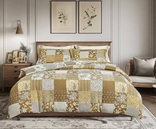 SLEEPBELLA Washed Double Layer Muslin 100% Cotton Comforter Set King Size, Boho Yellow Patchwork Fluffy Thick Checked Bedding Set, Soft Breathable (1 Comforter, 2 Pillow Shams)