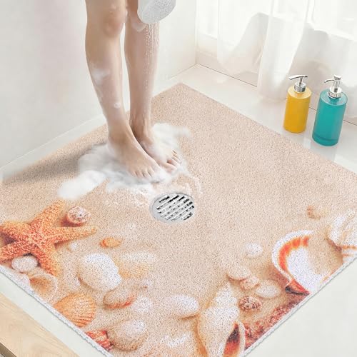 Square Shower Mat Non Slip: 32x32 Inch Extra Large Shower Mats with Drain Hole in Middle -Anti Slip Shower Mats for Inside Shower -Loofah Shower Floor Mat Bath Mat for Shower Stall Bathtub Elderly