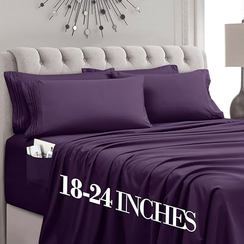 Mocassi Luxury 6-Piece Sheet Set, Ultra Soft 1800 Premium Hotel Quality Microfiber Sheet Set, Fits Mattresses Up to 18 to 24 Inches Extra Deep Pocket - Breathable and Secure Fit, King, Purple