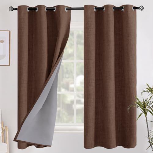 YoungsTex Brown Linen Blackout Curtains 63 Inches Long for Bedroom, Full Room Darkening Drapes with Grommet Thermal Insulated for Living Room Farmhouse, 2 Panels, 42 X 63 Inch