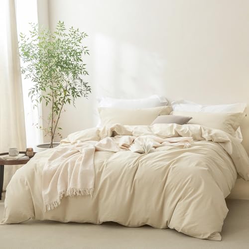 BDEAR Linen Feel Almond Milk Grey Duvet Cover Queen Size 90'' L x 90'' W, 100% Washed Cotton Duvet Cover with Zipper Closure Plus 2 Pillowcases, Oeko TEX Standard Certificated