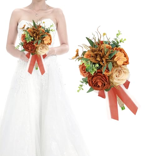 HOMENERGY Bridesmaid Bouquets for Wedding - 9 Inch Artificial Flowers Bouquets for Ceremony Anniversary Centerpieces Decorations - Terracotta