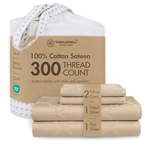 "Threadmill 300 Thread Count Cotton Full Sheet Set, Sateen, Damask, Beige - 100% Cotton, Sateen Weave, Damask Pattern, 4-Piece Set, 16"" Deep Pocket, Cooling, Fade-Resistant, OEKO-TEX Certified"