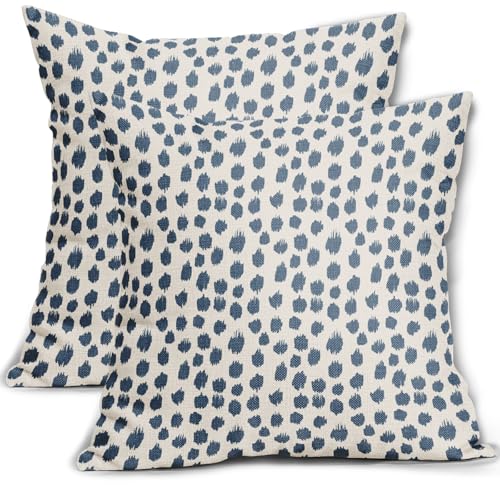 Dusty Blue Cream Pillow Covers 18x18 Set of 2 Boho Design Polka Dot Throw Pillows Modern Brush Strokes Print Decorative Outdoor Pillowcase Square Cushion Cover Linen Pillow Case for Sofa Couch Bed