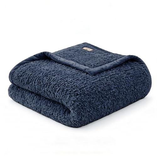 WOOLRICH Burlington Berber Blanket Super Soft, Cozy Lightweight Cover with Luxrurious Velvet Binding, Modern Trendy All Season Bedspread Bedding-Set, Full/Queen: 90x90, Navy