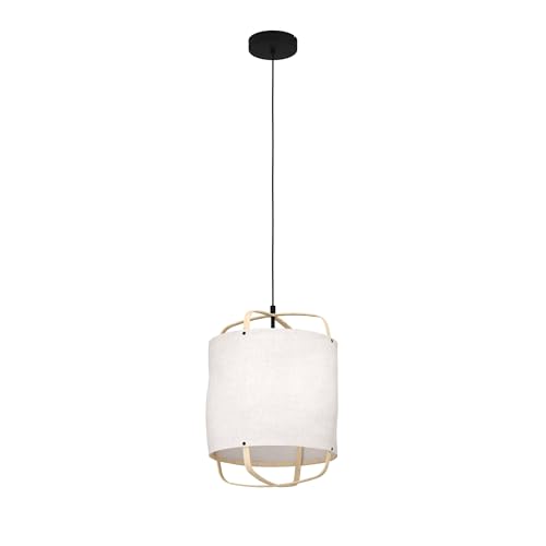 EGLO Pendant lighting Surfleet, ceiling light fitting in nature design, fabric hanging lamp for dining and living room, beige coloured linen, bamboo and black metal, E27 socket