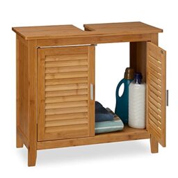 Relaxdays Sink Cabinet LAMELL, 2 Doors, Bathroom Storage, Bamboo & MDF, HWD: app. 60 x 67 x 30 cm, Natural