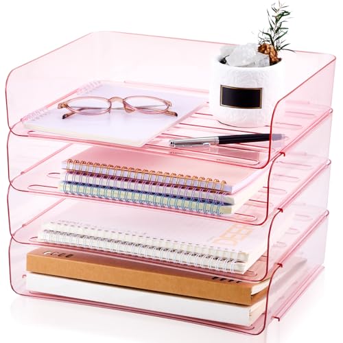 Harloon 4 Tier Acrylic Paper Tray 13 x 9.8 x 3 Inches Stackable Letter Clear Organizer No Need to Assemble Acrylic Paper Organizer File Tray for Office Workspace Desktop Storage (Transparent Pink)