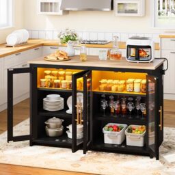 YITAHOME kitchen island with Power Outlet and LED Lights, breakfast bar table with seating space, double cabinets with Acrylic Doors, three layer adjustable Cabinet, 130*60*88.5cm, Yellow oak effect