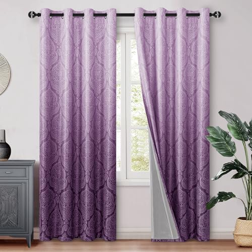 DWCN 100% Blackout Curtains 84 Inch Long-Damask Patterned Ombre Thermal Insulated Energy Saving Grommet Drapes for Living Room, Gradient Window Curtain 2 Panels, 52 x 84 Length, Royal Purple