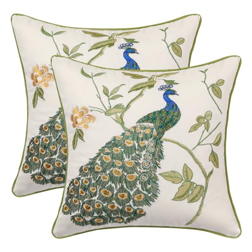 Holibeat Embroidered Peacock Throw Pillow Cushion Covers 18 * 18 inches Spring Decoration Pillowcases (Pack of 2) (White)