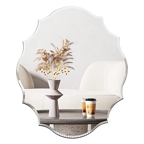 Muzilife 22x28 Frameless Oval Wall Mirror, Beveled Scalloped, Silver, 5mm Thick Glass, MDF Backplane, Perfect for Bathroom, Bedroom, Living Room or Entrance