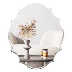 Muzilife 22x28 Frameless Oval Wall Mirror, Beveled Scalloped, Silver, 5mm Thick Glass, MDF Backplane, Perfect for Bathroom, Bedroom, Living Room or Entrance