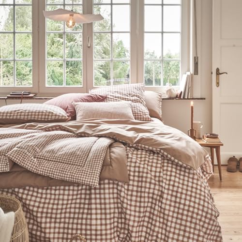 Printed Cotton Percale Duvet Cover, Gingham, Made in France, 240 x 220 cm, Essix
