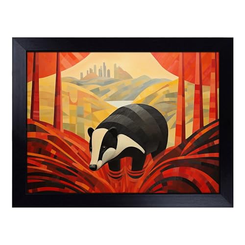 Lap Tray with Bean Bag Cushion, Badger Art Deco - Handmade in the UK, Raised Wooden Edge, Padded Cushion, Heat-Resistant Wipe-Clean Surface, for Meals, Laptops and Crafts