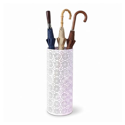 BEWBBAT Umbrella Stand Rack for Entryway, Free Standing Metal Umbrella Holder, Round Umbrella Organizer Bin with 3 Hooks for Long Short Umbrella, Walk Stick, Home Office Indoor, 17 x 7 Inch, White