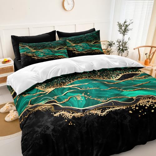Black Gold Comforter 8 Pieces Queen Bed in a Bag, Emerald Green Marble Bed Set with Comforter, Fitted Sheet, Flat Sheet, Matching Pillowcases, Abstract Bedding Set for All Season