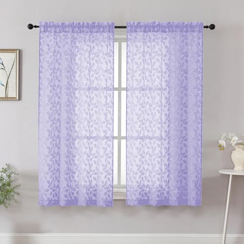 "Chyhomenyc Light Purple Short Curtains 45 Inch Length 2 Panels, Light Filtering Leaf Textured Window Curtain Panels for Bedroom Living Room, Elegant Rod Pocket Farmhouse Curtains, 30"" Wx45 L, 2 PCS"