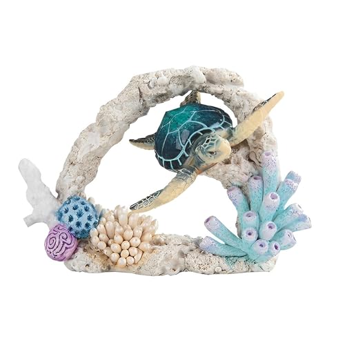 "ICE ARMOR 7"" W Blue Sea Turtle Swimming Around Coral Statue Marine Life Decoration Figurine Office Desk/Home/Living Room/Table Decor, Perfect House Warming Gifts for New Home"