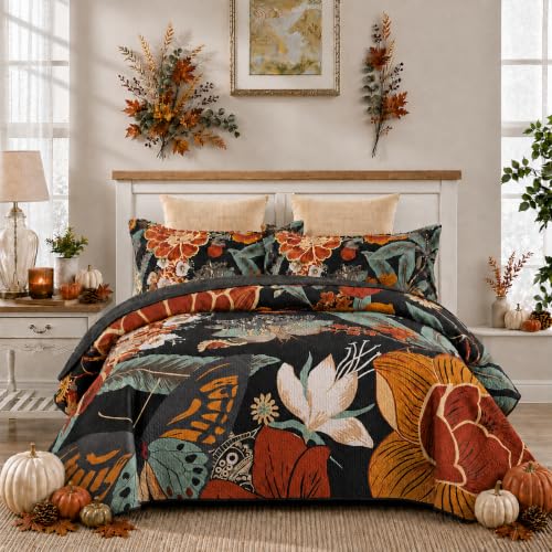 Tyrot 3 Piece Black Boho Floral Full/Queen Quilt Sets Reversible Farmhouse Botanical Lightweight Bedspread Coverlet with 2 Shams Butterfly Microfiber Bedding Quilts Set for All Season, 90''x96''