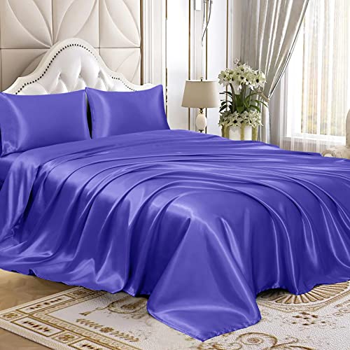 Homiest Twin Periwinkle Blue Deep Pocket Satin Sheets, 3-Piece - 15-Inch Deep Pocket Design, Silky Soft for Hair And Skin, Wrinkle And Fade Resistant, Machine Washable, Glossy Finish