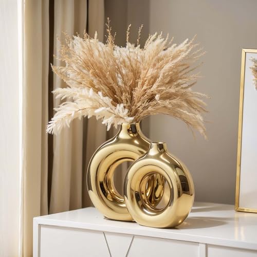Gold Ceramic Vase Set, Round Vases for Centerpieces and Living Room, Gold Home Decor Accents for Kitchen and Coffee Table,Knick Knacks for Shelves