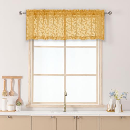 "Chyhomenyc Gold Sheer Valances for Windows 14 Inch Length 2 Pcs, Light Filtering Leaf Textured Cafe Short Kitchen Curtains, Top Small Curtain for Living Room Bedroom Basement, 42"" W x 14"" L"