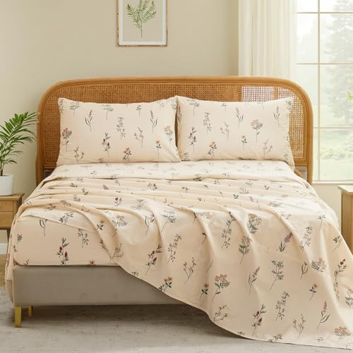 "Cozaline Cream Floral Sheets Set King Size 100% Cotton, 4 Pieces, Soft & Breathable Percale Weave Bedding, Deep Pocket 17.5"", Crisp Cool Feeling, Durable, Perfect Cute Floral Bed Sheet"